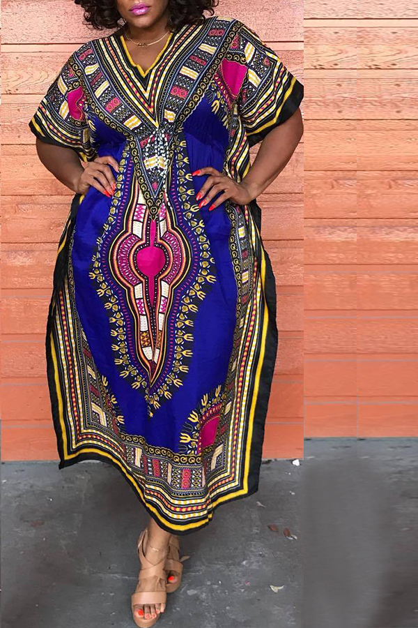 

Lovely Ethnic Printed Loose Blue Twilled Satin Ankle Length Dress