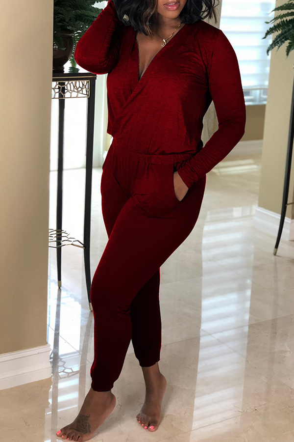 

Lovely Casual Cross-over Design Wine Red Knitting One-piece Jumpsuit