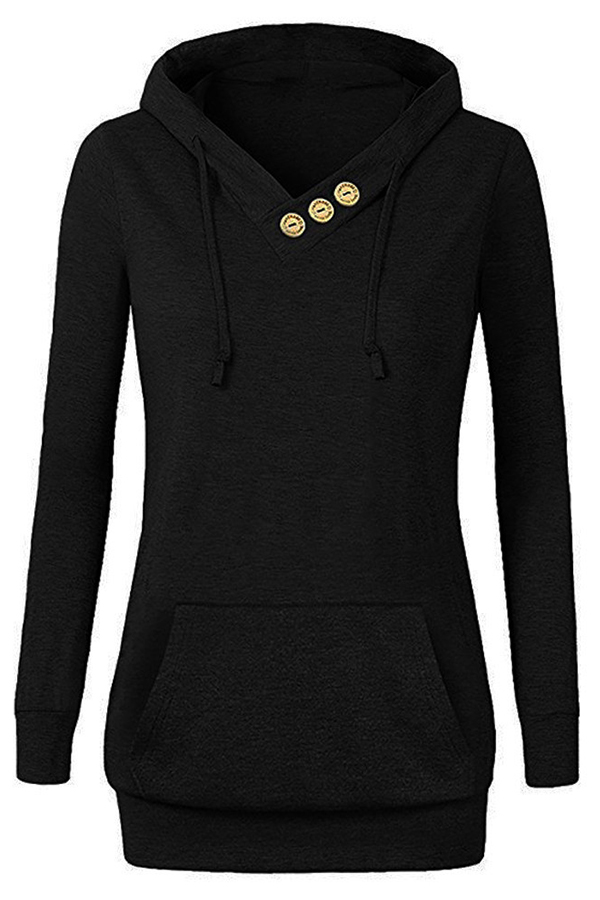 

Lovely Casual Drawstring Buttons Decorative Black Hoodies
