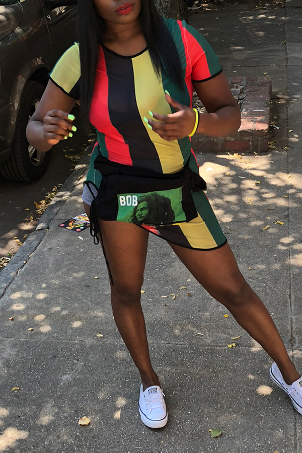 

Lovely Casual Patchwork Striped Green Twilled Satin T-shirt