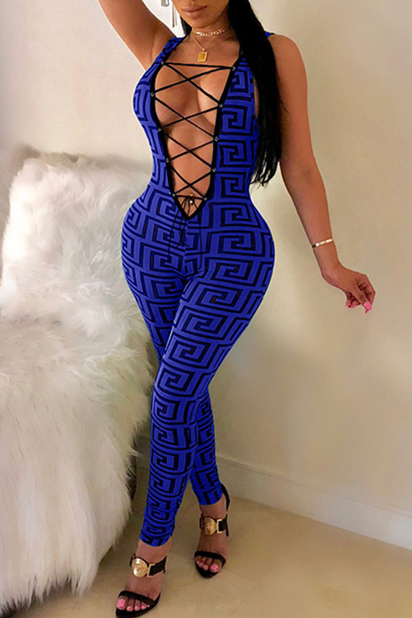 

Lovely Sexy Printed Hollowed-out Skinny Royal Blue One-piece Jumpsuit