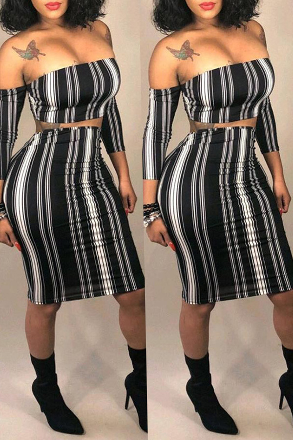 

Lovely Vogue Dew Shoulder Striped Black Blending Two-piece Skirt Set