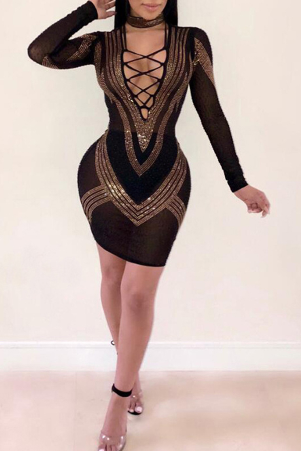 

Lovely Sexy Hot Drilling Decorative Black Knitting Mini Dress