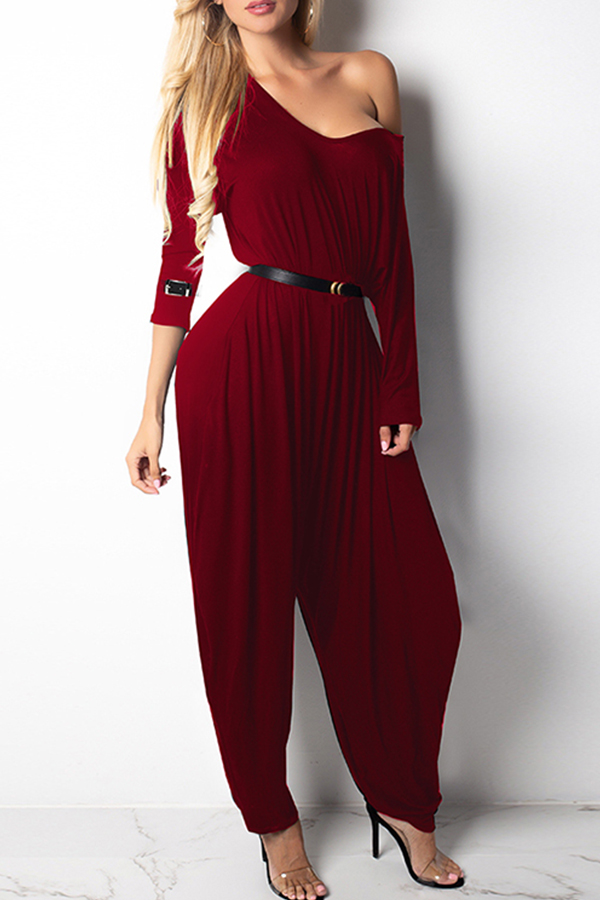 

Lovely Casual Dew Shoulder Loose Wine Red Knitting One-piece Jumpsuit (Without Belt)