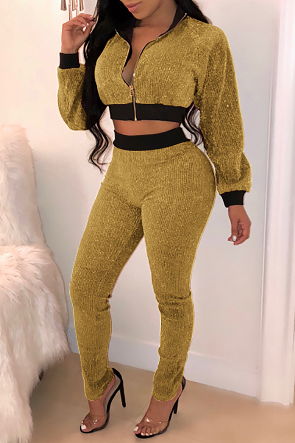 

Lovely Euramerican Patchwork Long Sleeves Gold Knitting Two-piece Pants Set