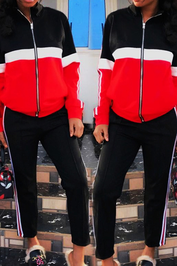 

Lovely Sportswear Patchwork Zippers Design Red Twilled Satin Two-piece Pants Set