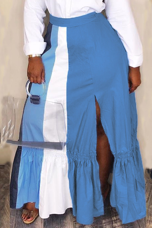 

Lovely Casual Patchwork Blue Ankle Length Skirts