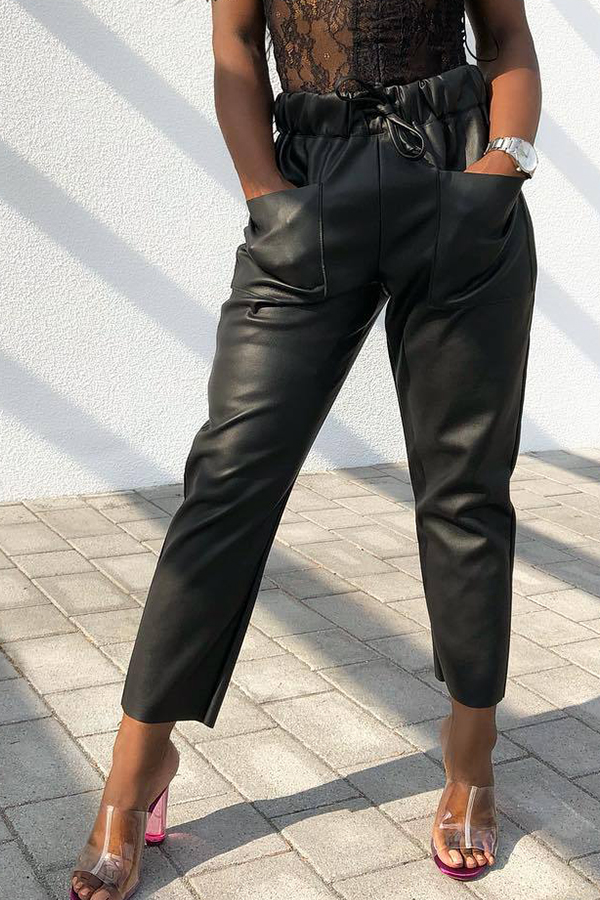 

Lovely Euramerican Lace-up Black PU Pants