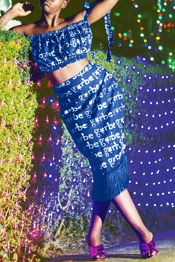 

Lovely Casual Tassel Design Printed Deep Blue Twilled Satin Two-piece Skirt Set