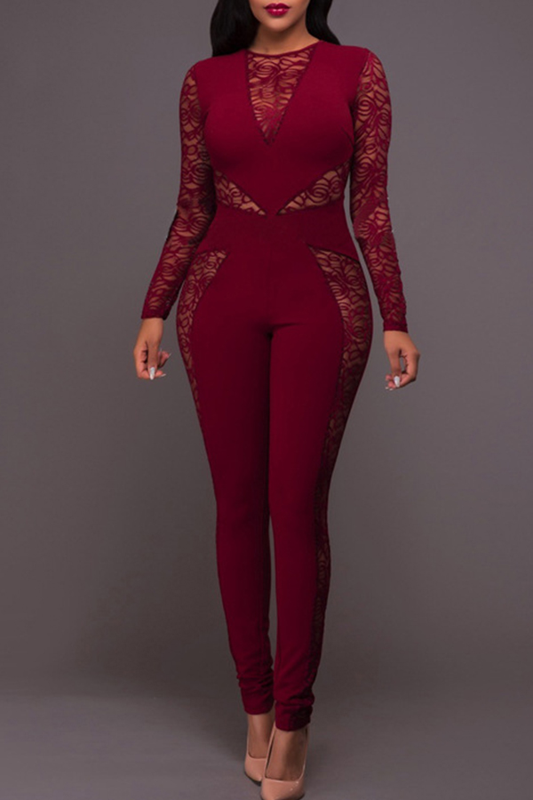 

Lovely Trendy Patchwork Red Lace One-piece Jumpsuit