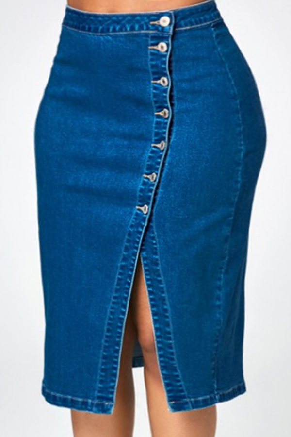 

Lovely Casual Buttons Design Deep Blue Denim Knee Length Skirts