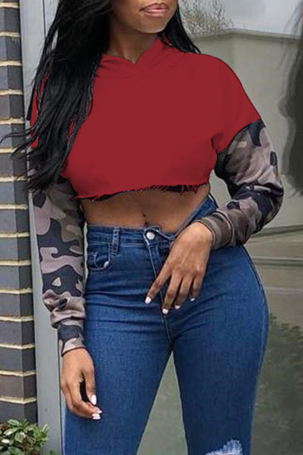 

Lovely Trendy Patchwork Short Wine Red Hoodies