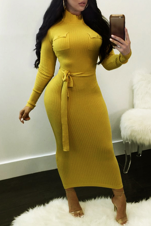 

Lovely Euramerican Long Sleeves Slim Yellow Knitting Ankle Length Dress