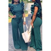 Lovely Casual Lace-up Flounce Design Green One-pie