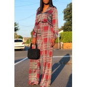 Lovely Casual Grids Printed Red Blending Two-piece
