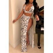 Lovely Casual Side High Slit Printed White Two-pie