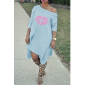 Lovely Fashion Asymmetrical Printed Light Blue Ble