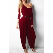 Lovely Casual Dew Shoulder Loose Wine Red Knitting
