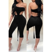 Lovely Sexy Dew Shoulder Black Velvet Two-piece Sk