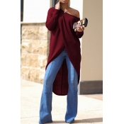 Lovely Casual Asymmetrical Dew Shoulder Wine Red B