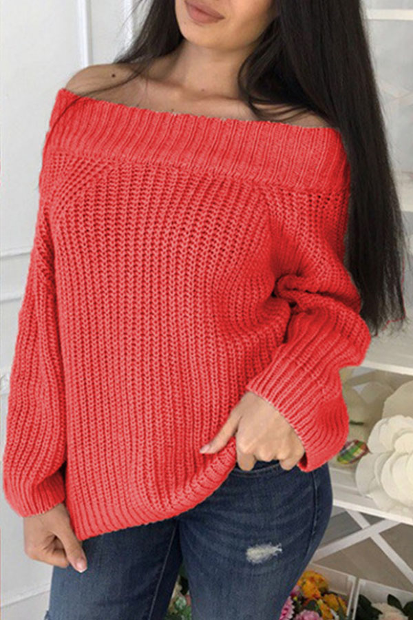 

Lovely Sweet Dew Shoulder Long Sleeves Watermelon Red Cotton Sweaters