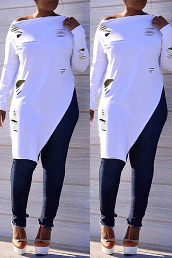 

Lovely Casual Irregular Hems Long Sleeves White T-shirt