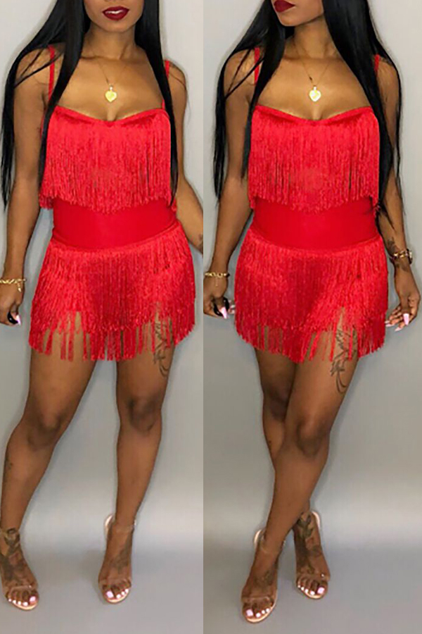 

Lovely Sexy Sleeveless Tassel Red Cotton Blends Two-Piece Skirt Set