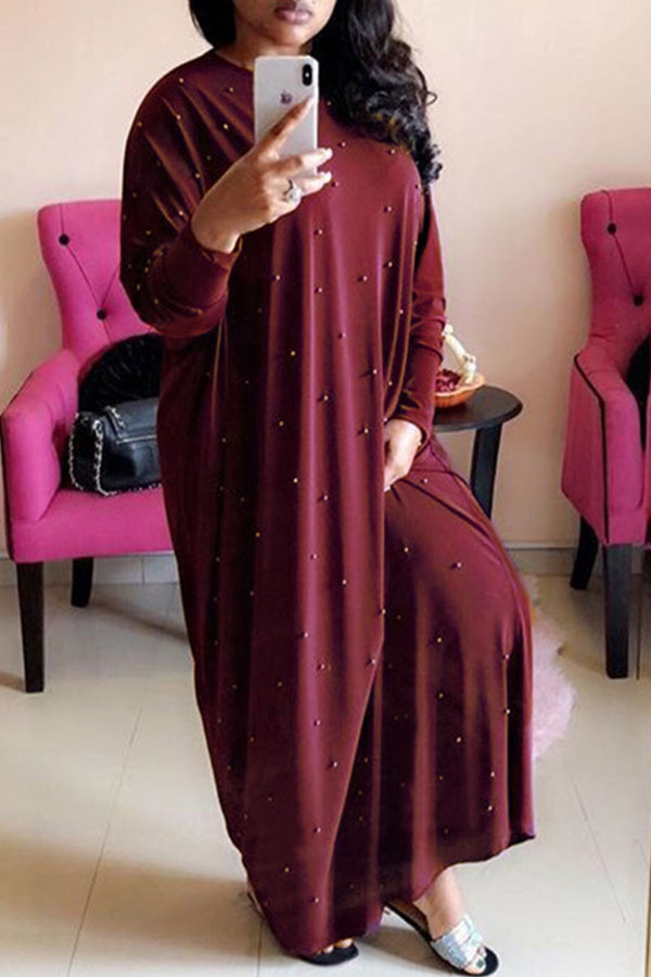

Lovely Sweet Nail Bead Design Wine Red Floor Length Dress