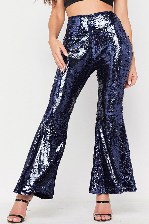 

Lovely Trendy Sequined Design Deep Blue Cotton Pants