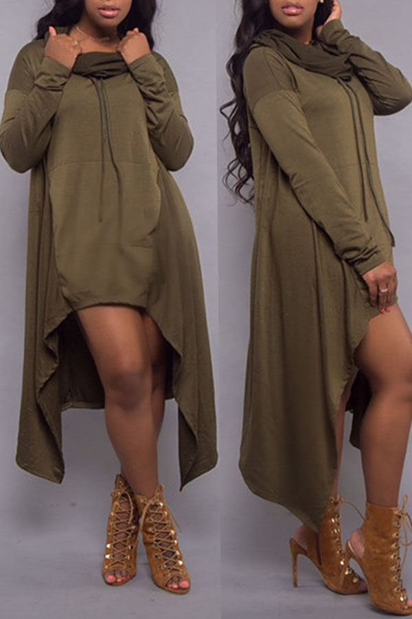 

Lovely Casual Hooded Collar Irregular Hems Army Green Blending Mid Calf Dress