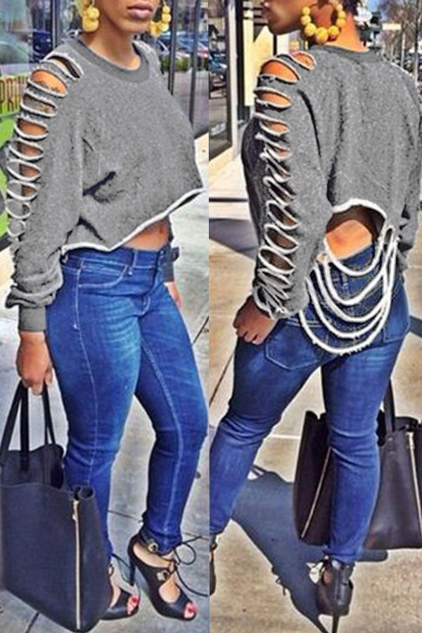 

Lovely Casual Long Sleeves Broken Holes Grey Cotton Blouses