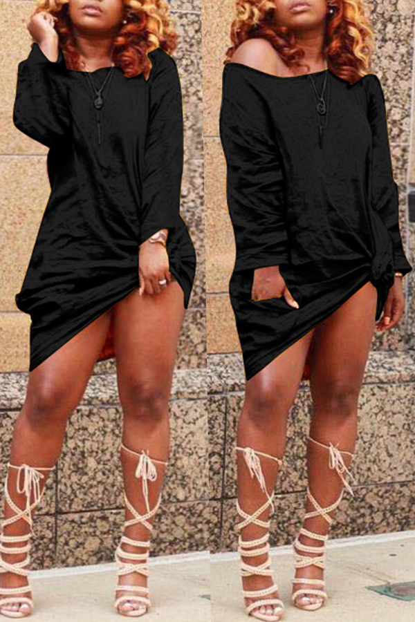 

Lovely Casual Long Sleeves Knot Design Black Knee Length Dress