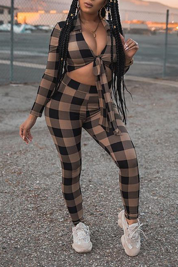 

Lovely Euramerican Grids Printed Skinny Multicolor Two-piece Pants Set