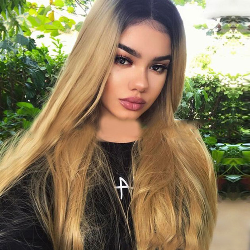 

Lovely Euramerican Straight Long Gradual Change Gold Wigs