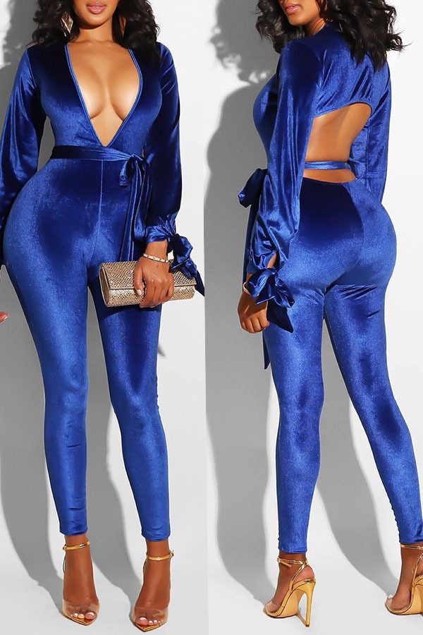 

Lovely Elegant Hollowed-out Skinny Blue One-piece Jumpsuit