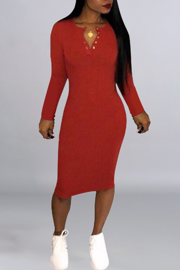 

Lovely Elegant Long Sleeves Slim Red Red Knee Length Dress