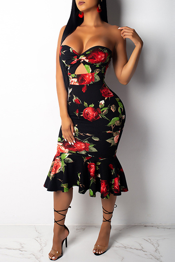 

Lovely Casual Strapless Floral Printed Black Mid Calf Dress (Batch Print)