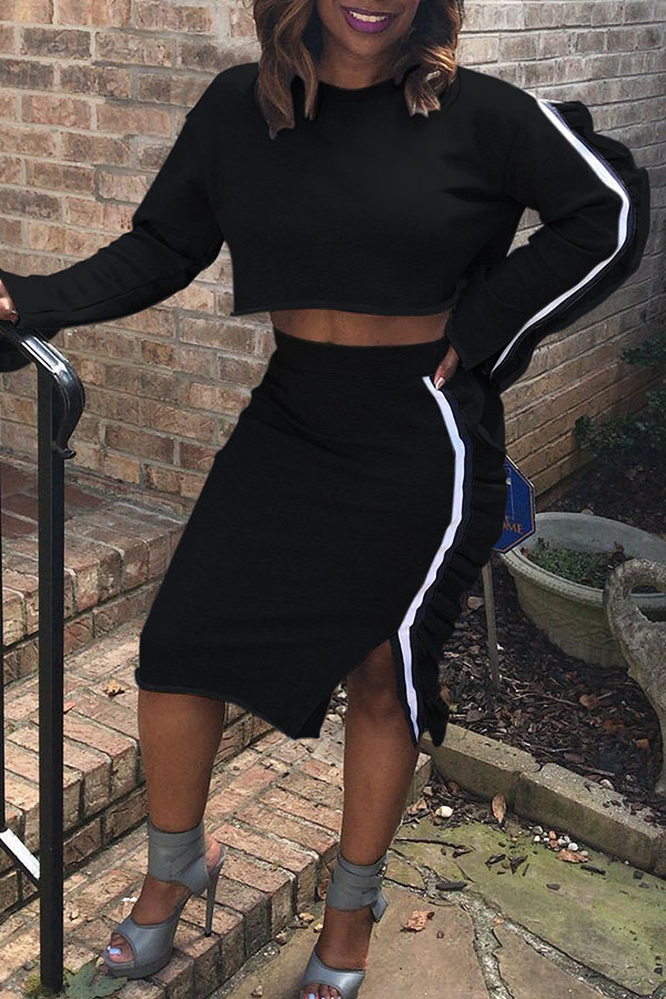 

Lovely Casual Long Sleeves Flounce Design Black Cotton Two-piece Skirt Set