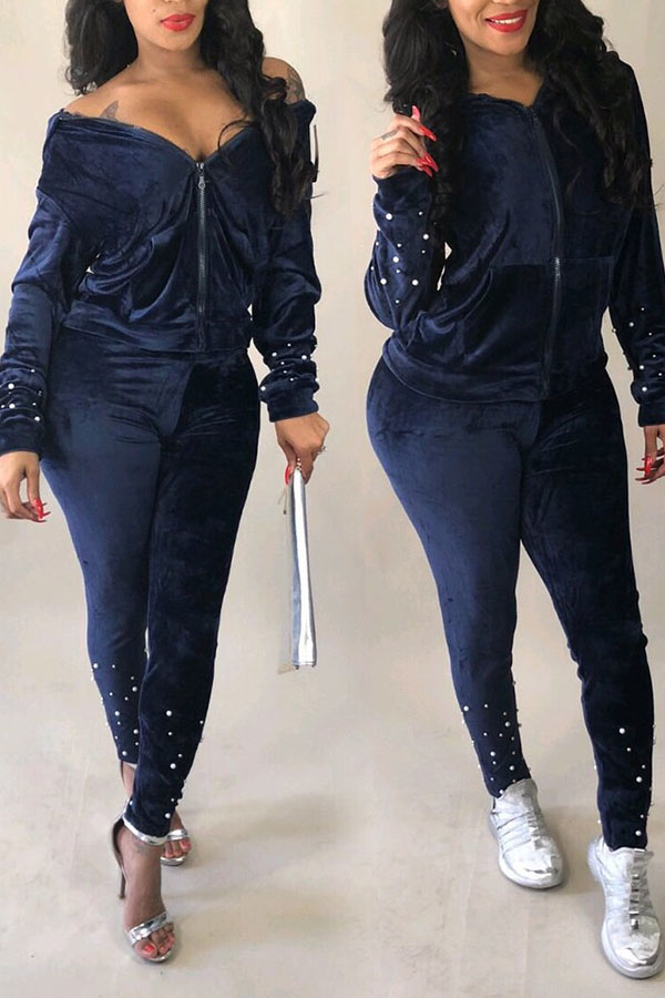 

Lovely Sweet Hooded Collar Long Sleeves Deep Blue Velvet Two-piece Pants Set