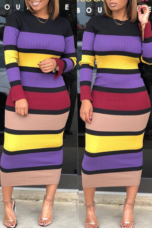 

Lovely Casual Striped Slim Purple Mid Calf Dress