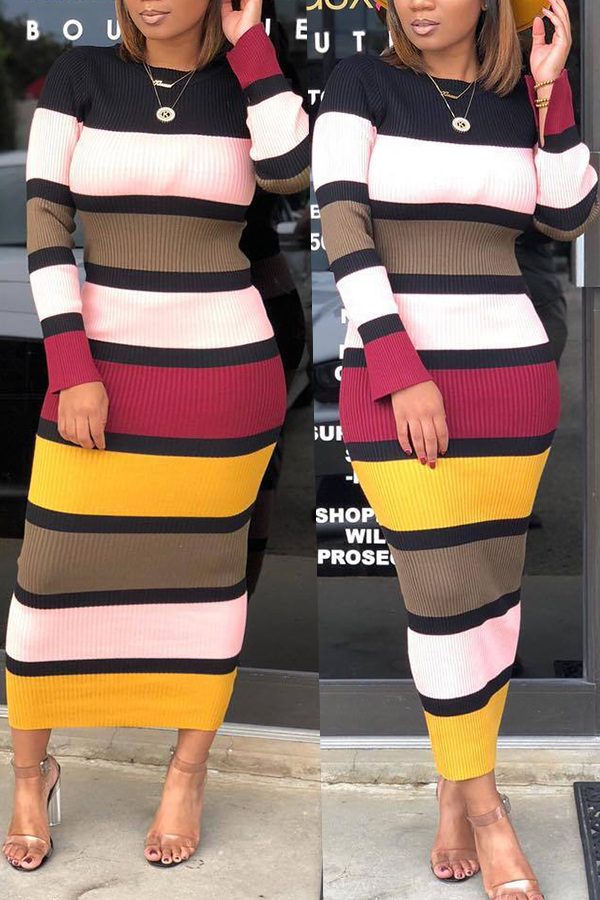 

Lovely Casual Striped Slim White Mid Calf Dress