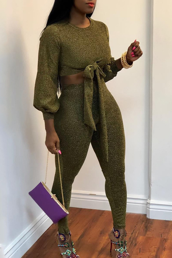 

Lovely Modern Lace-up Green Two-piece Pants Set