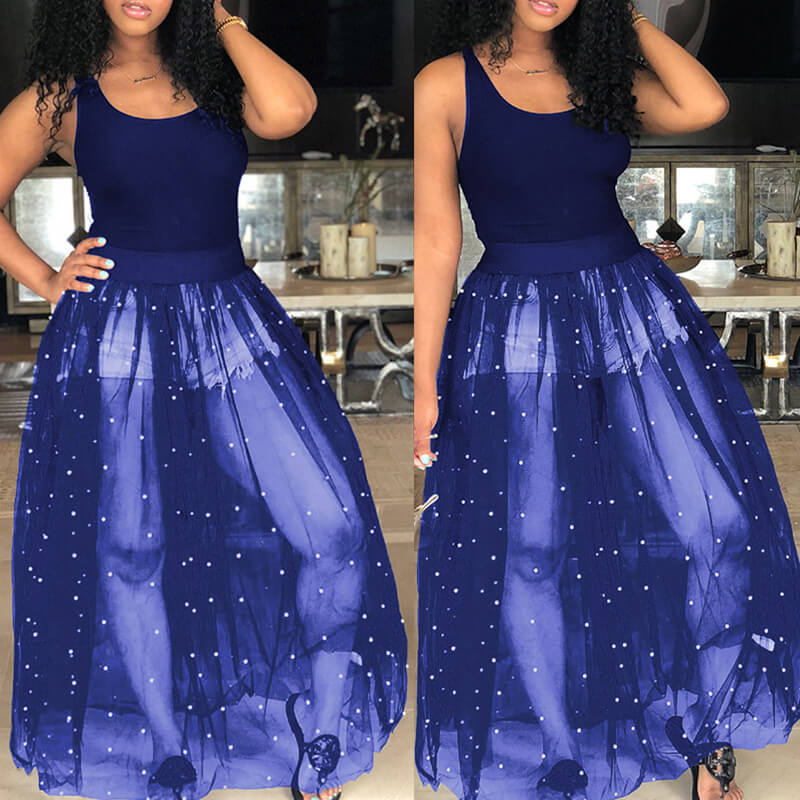 

Lovely Casual U Neck Nailed Pearl Patchwork Dark Blue Blending Ankle Length Dress