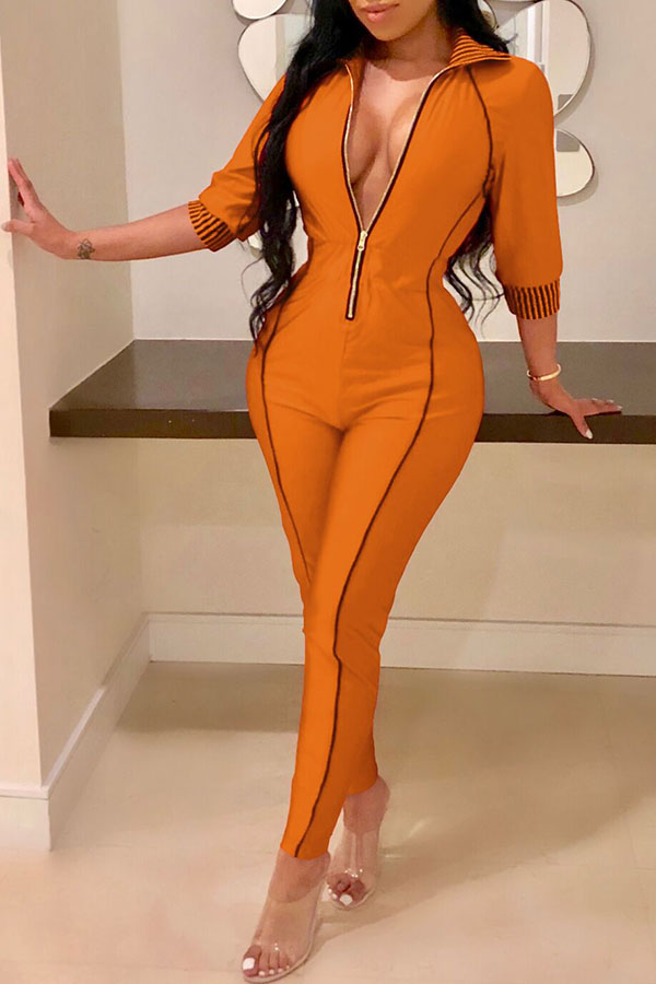 

Lovely Casual Zippers Design Skinny Gold Twilled Satin One-piece Jumpsuit