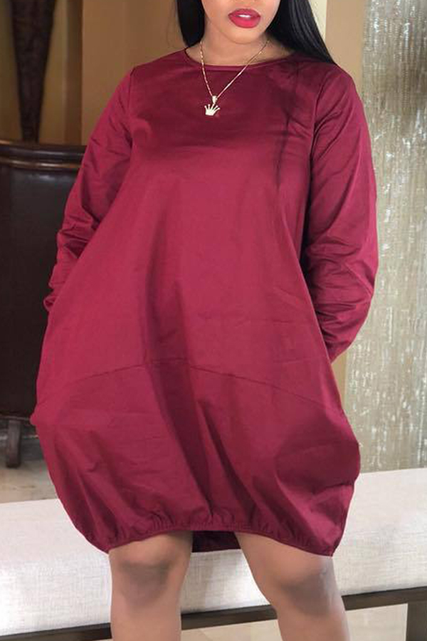 

Lovely Euramerican Long Sleeves Loose Wine Red Knee Length Dress