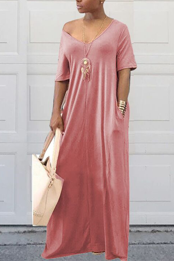 Lovely Casual Pockets Design Light Pink Blending Floor Length Dress ...