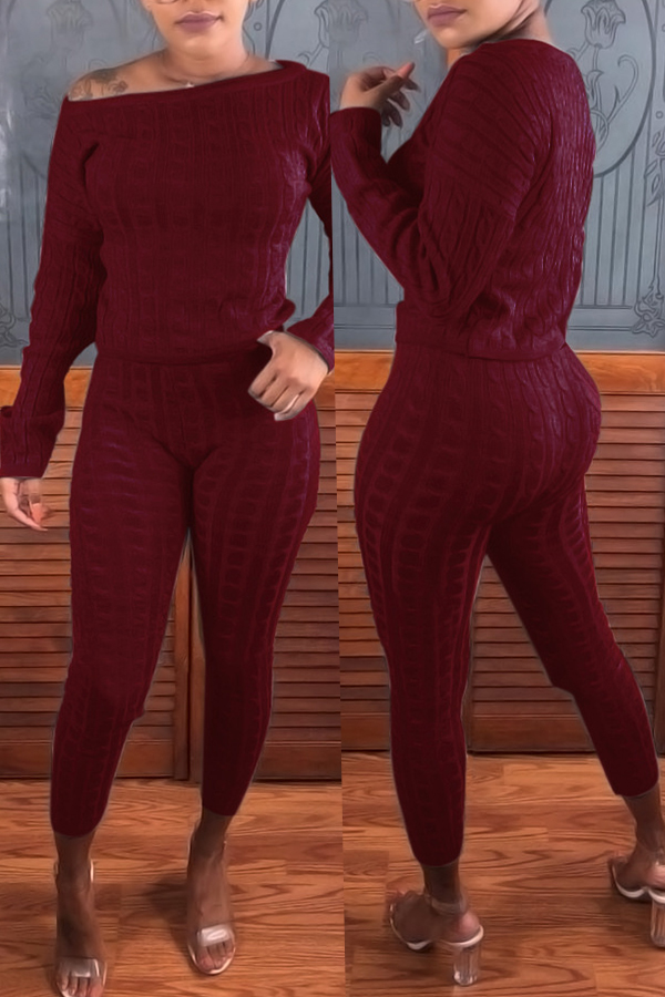 

Lovely Casual Long Sleeves Purplish Red Blending Two-piece Pants Set