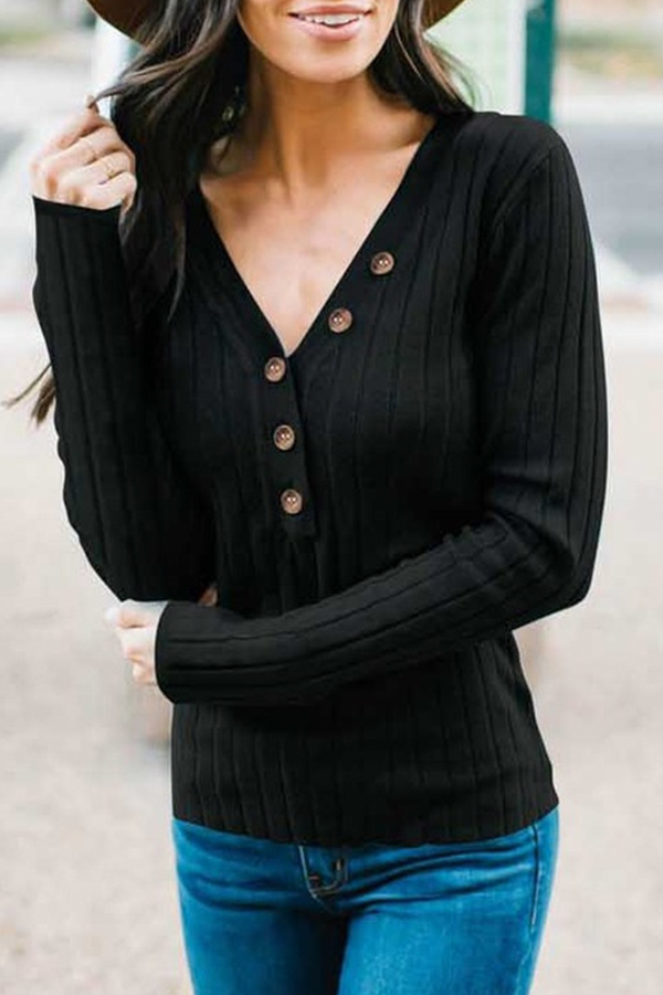 Lovely Casual Buttons Decorative Black Knitting Sweaters