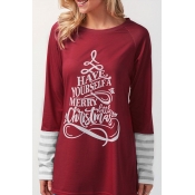 Lovely Casual Long Sleeves Patchwork Wine Red T-sh