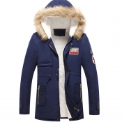 Lovely Euramerican Hooded Collar Navy Blue Cottonp